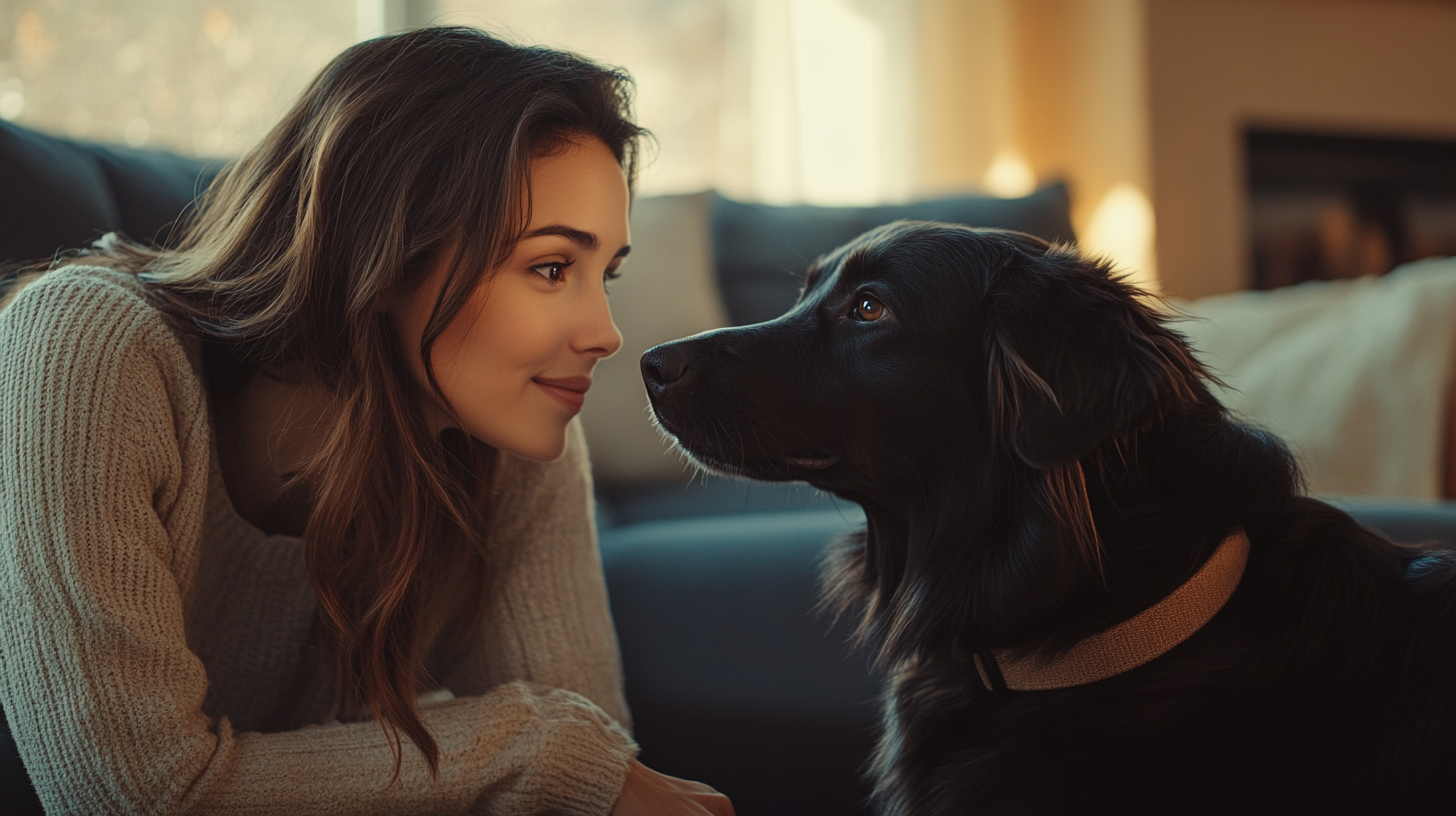 A beautiful lady is playing with her dog in the living room, the dog wear the hemp dog collar.